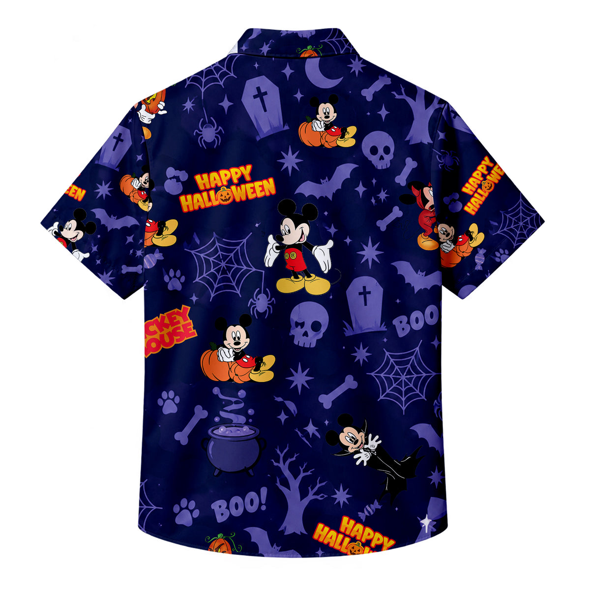 Navy Blue Mickey Mouse Minnie Halloween Pumpkin Pattern Short Sleeve Button-Up Shirt