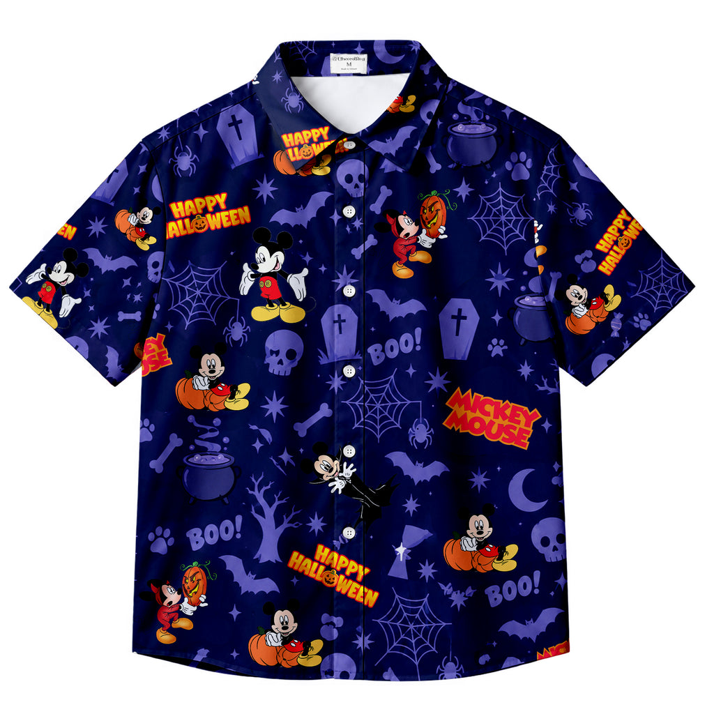 Navy Blue Mickey Mouse Minnie Halloween Pumpkin Pattern Short Sleeve Button-Up Shirt