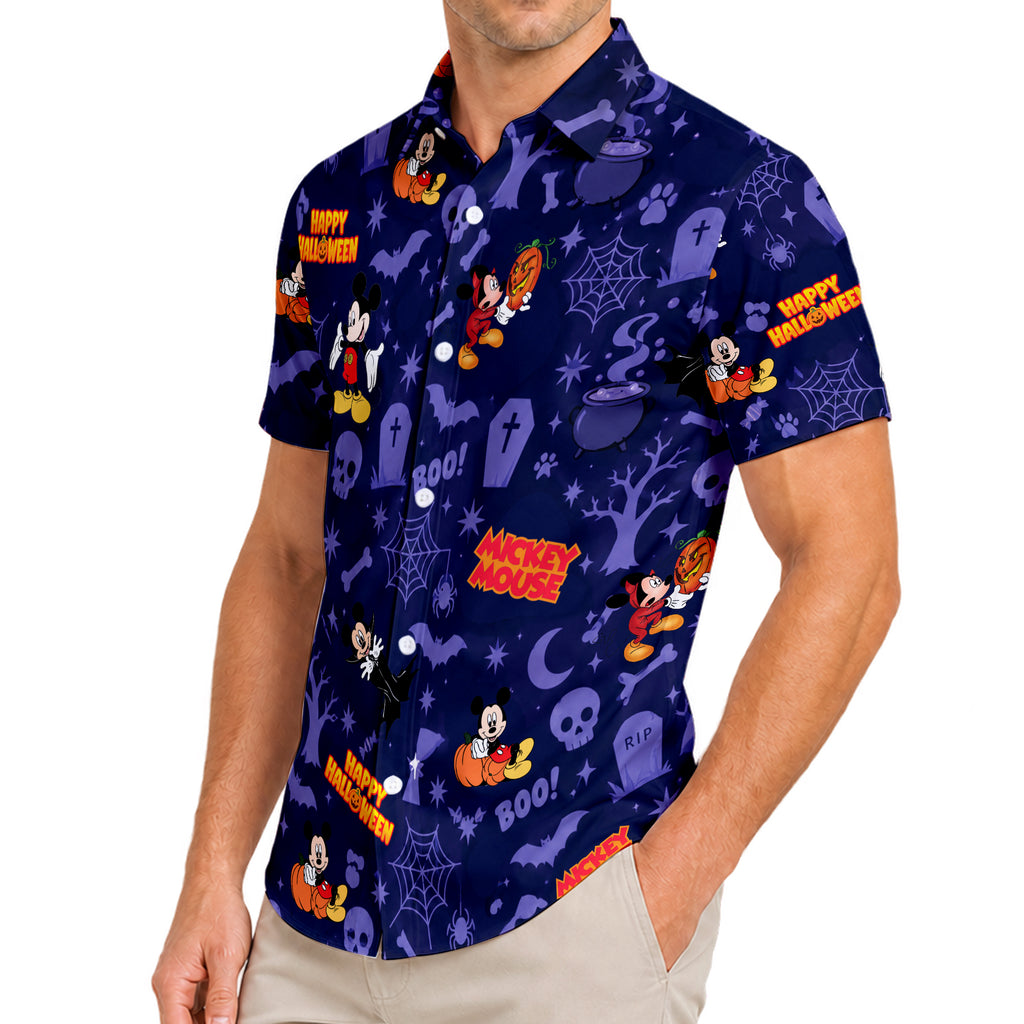 Navy Blue Mickey Mouse Minnie Halloween Pumpkin Pattern Short Sleeve Button-Up Shirt