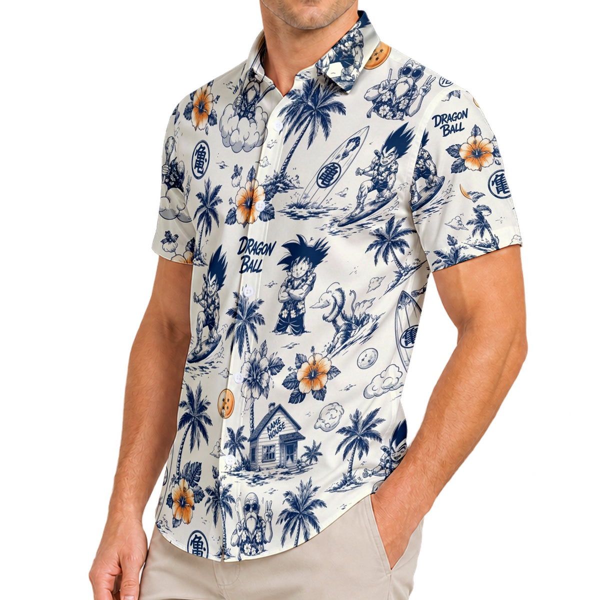 Dragon Ball Goku Vegeta Tropical Surf Character Short Sleeve Button-Up Shirt