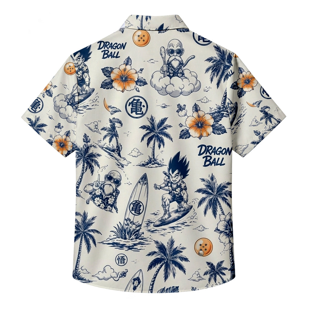 Dragon Ball Goku Vegeta Tropical Surf Character Short Sleeve Button-Up Shirt