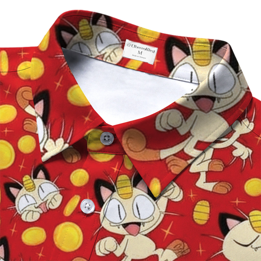 Pokemon Meowth Gold Coin Character Pattern Short Sleeve Button-Up Shirt