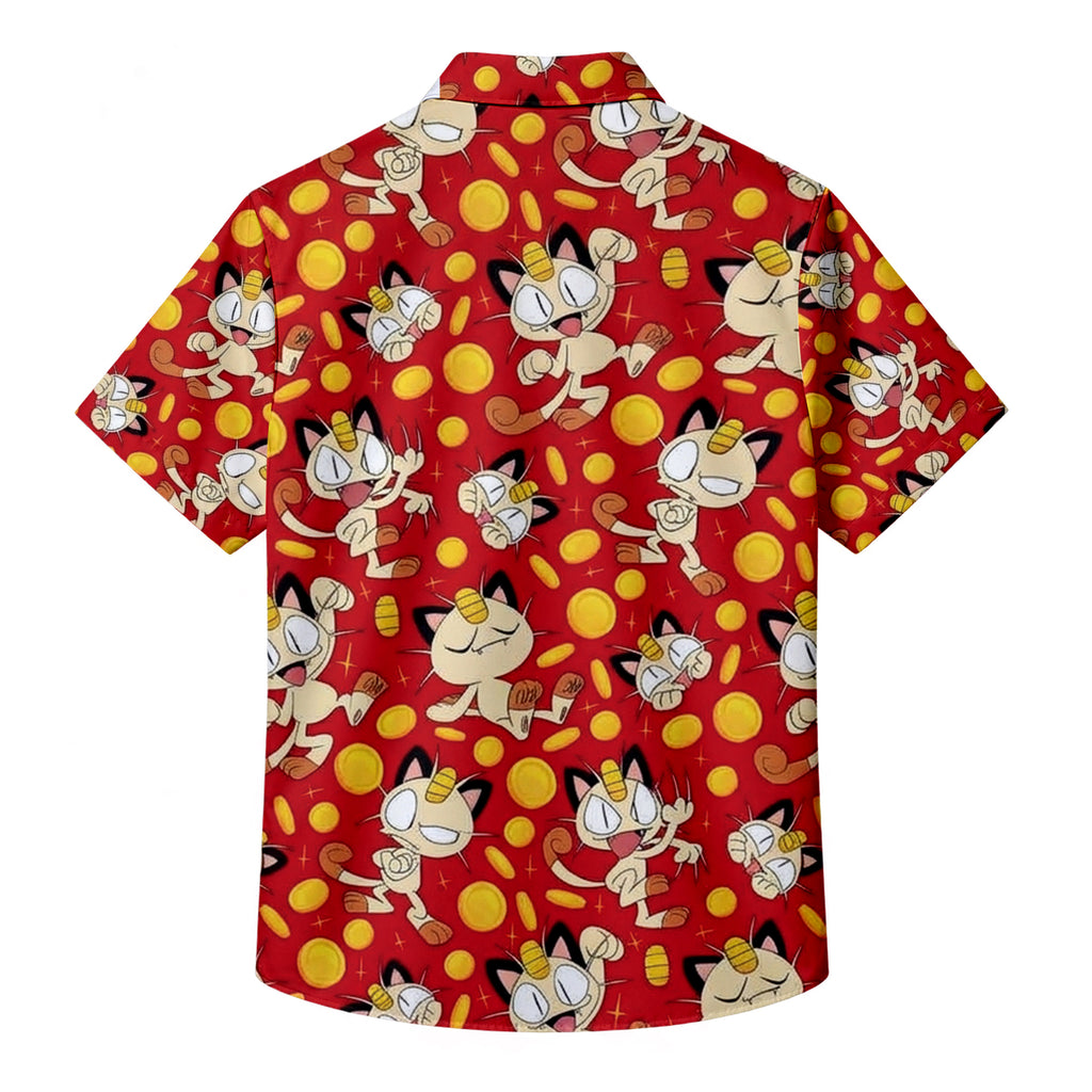 Pokemon Meowth Gold Coin Character Pattern Short Sleeve Button-Up Shirt