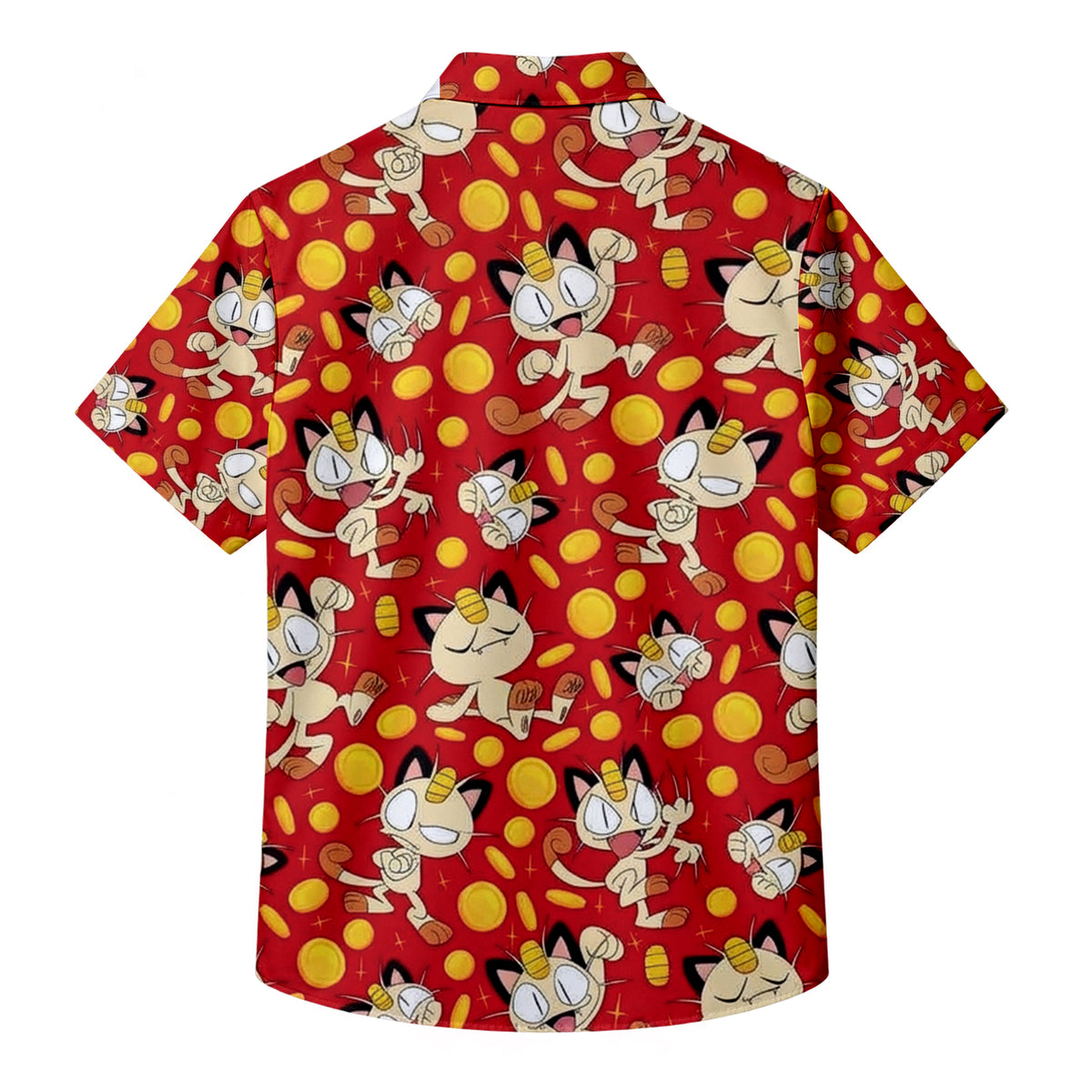 Pokemon Meowth Gold Coin Character Pattern Short Sleeve Button-Up Shirt