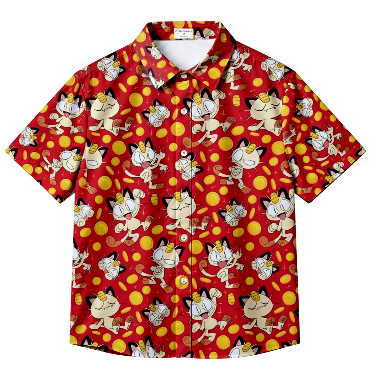 Pokemon Meowth Gold Coin Character Pattern Short Sleeve Button-Up Shirt