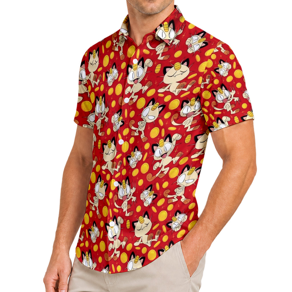 Pokemon Meowth Gold Coin Character Pattern Short Sleeve Button-Up Shirt