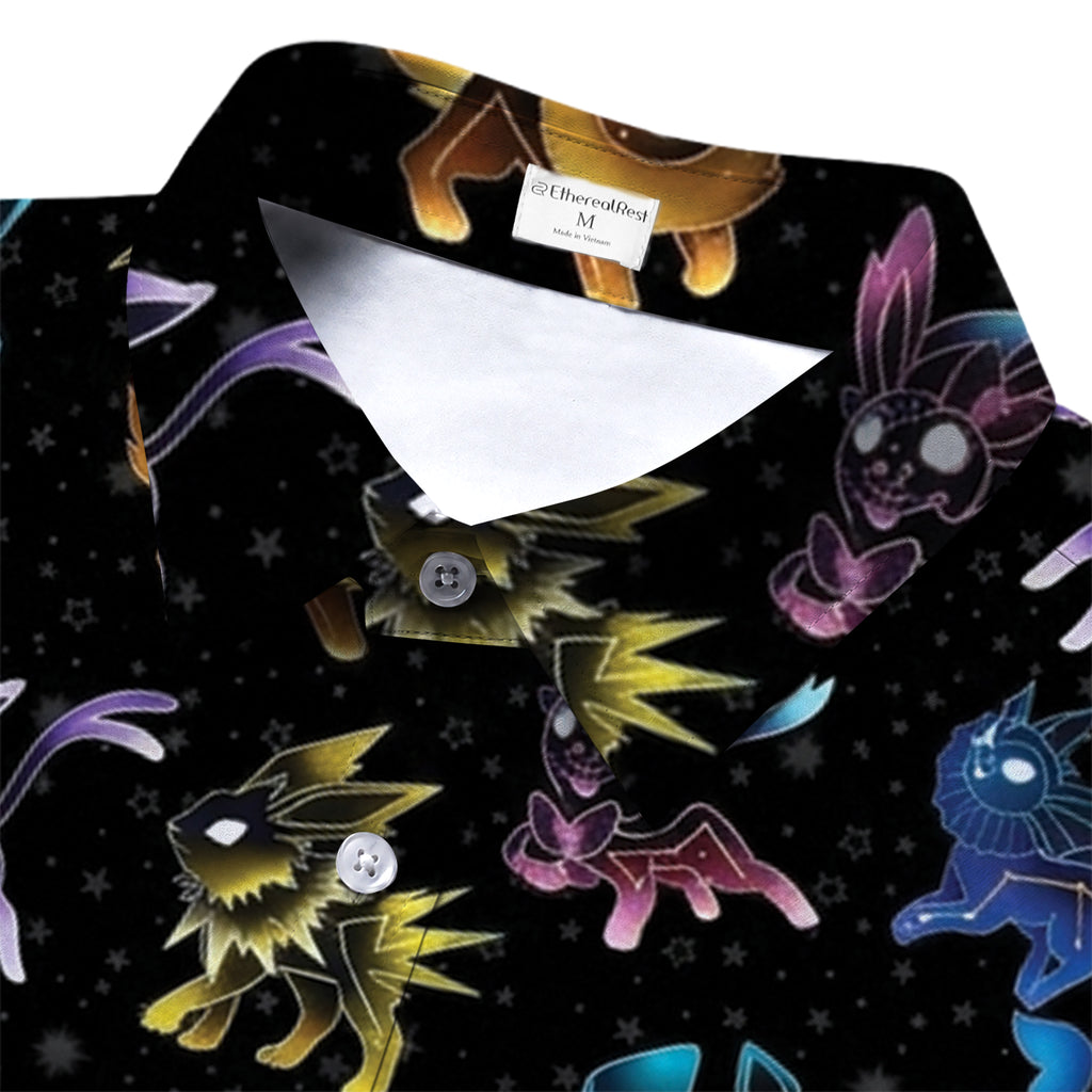 Pokemon Eevee Evolutions Colorful Character Pattern Short Sleeve Button-Up Shirt
