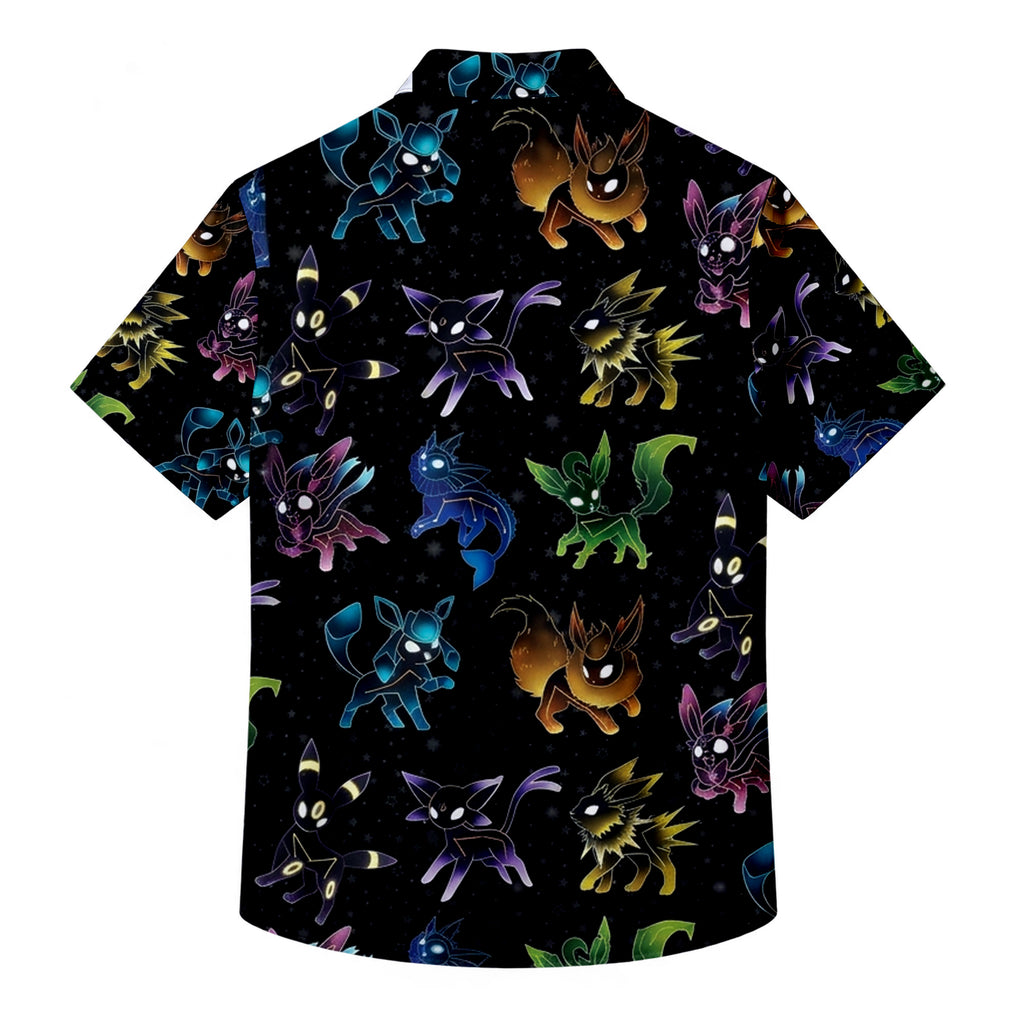 Pokemon Eevee Evolutions Colorful Character Pattern Short Sleeve Button-Up Shirt