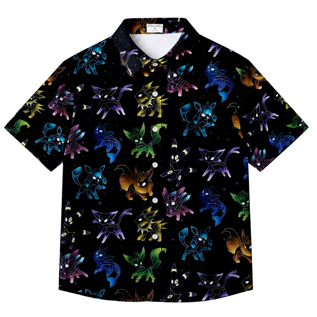 Pokemon Eevee Evolutions Colorful Character Pattern Short Sleeve Button-Up Shirt