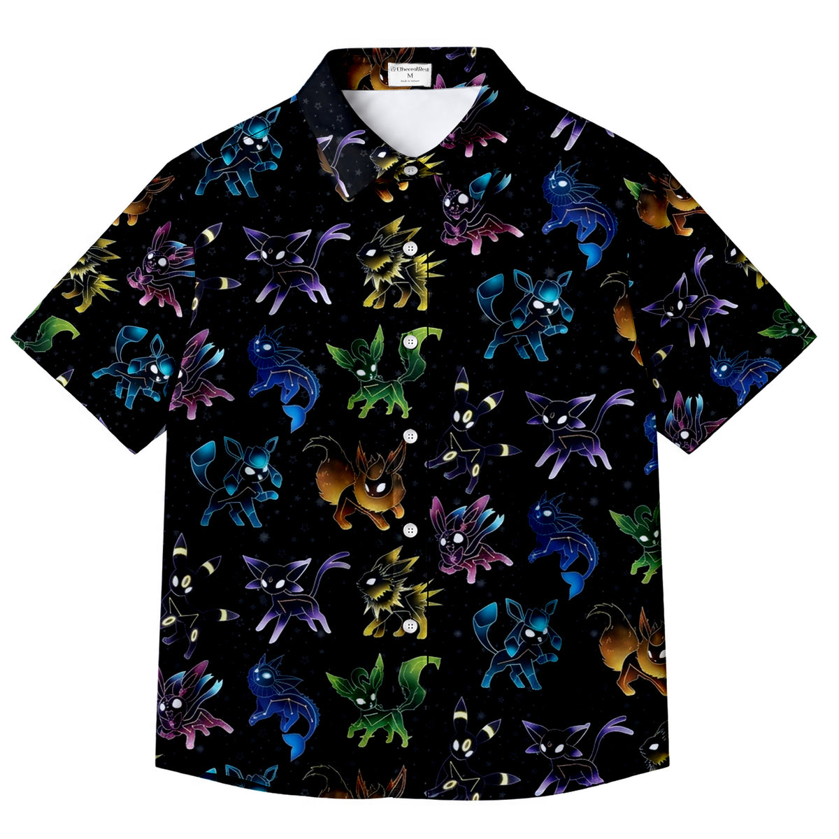 Pokemon Eevee Evolutions Colorful Character Pattern Short Sleeve Button-Up Shirt