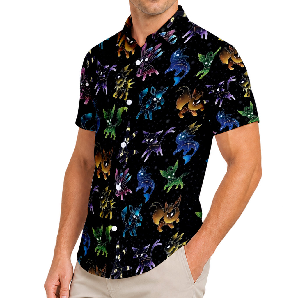 Pokemon Eevee Evolutions Colorful Character Pattern Short Sleeve Button-Up Shirt