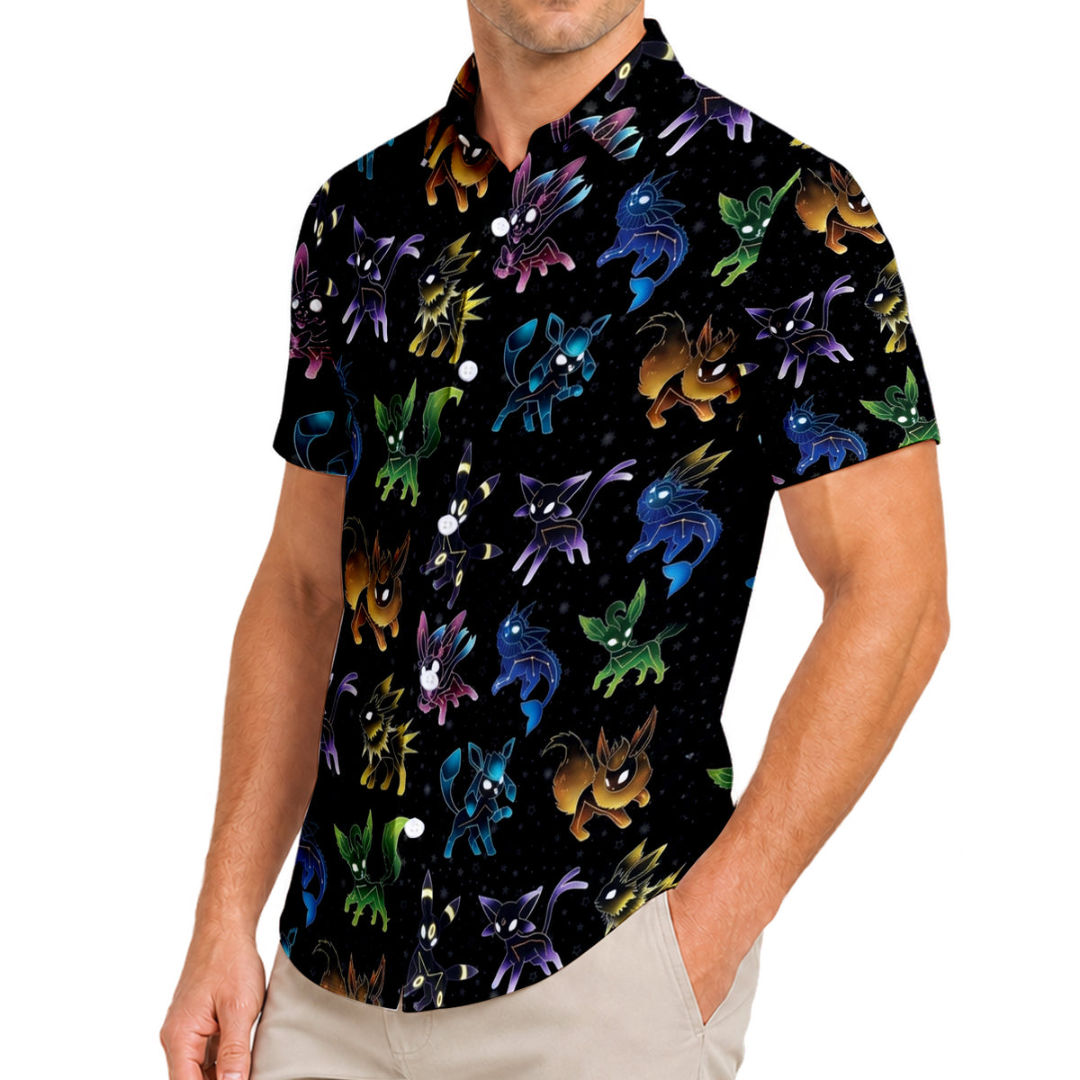 Pokemon Eevee Evolutions Colorful Character Pattern Short Sleeve Button-Up Shirt