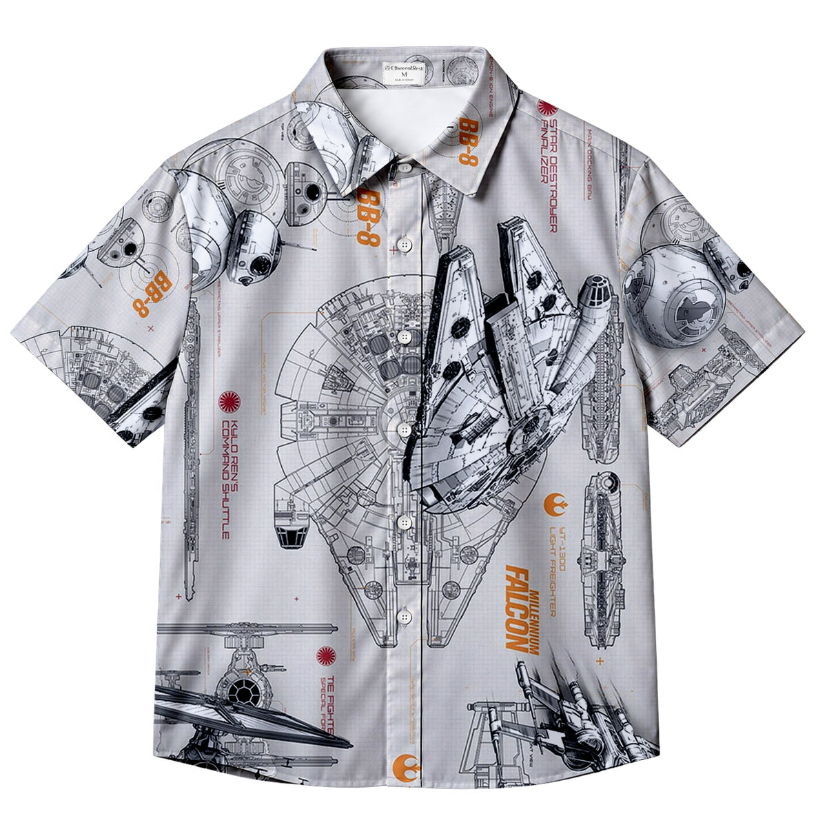 Gray Star Wars Millennium Falcon Starship Blueprint Short Sleeve Button-Up Shirt