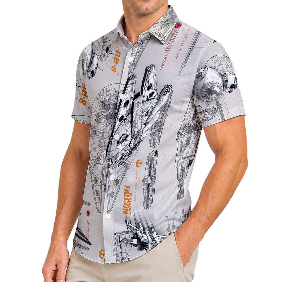 Gray Star Wars Millennium Falcon Starship Blueprint Short Sleeve Button-Up Shirt