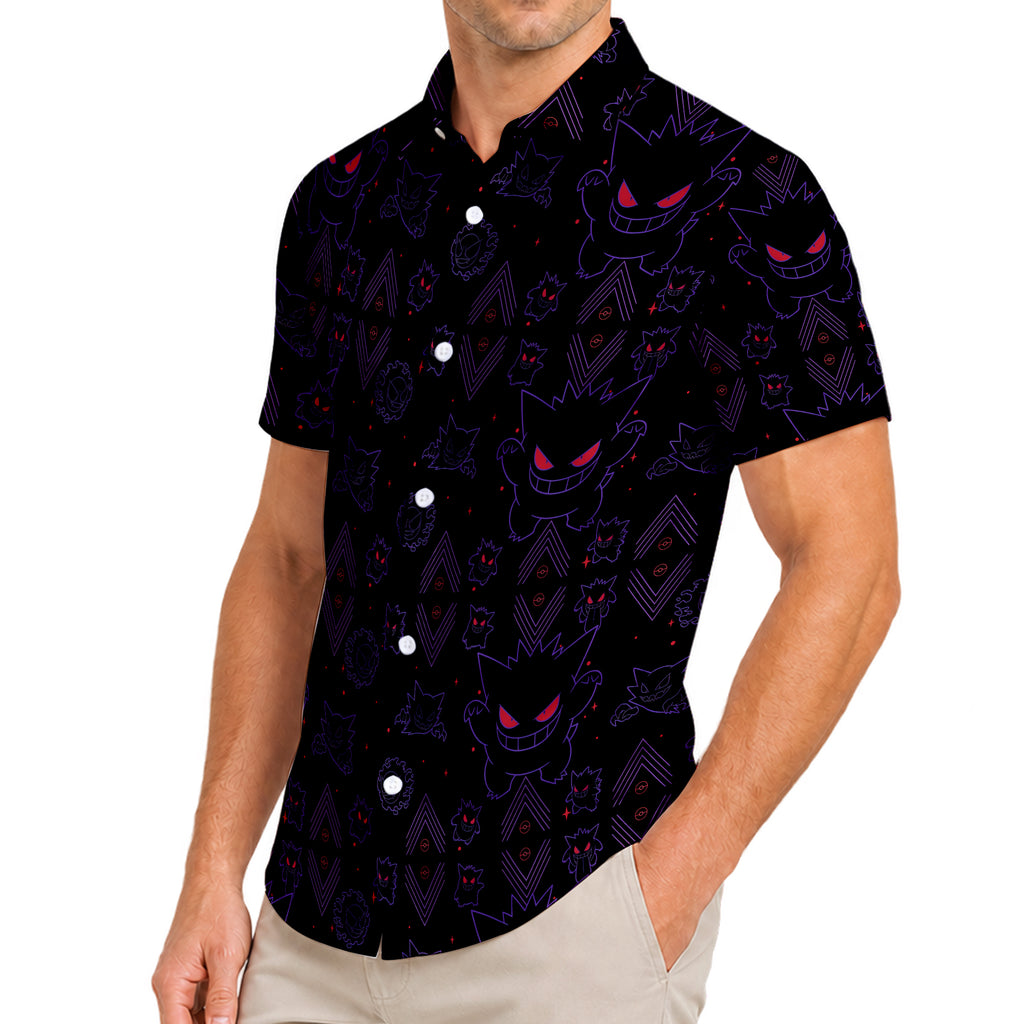 Gengar Haunter Gastly Ghost Pokémon Pattern Short Sleeve Button-Up Shirt
