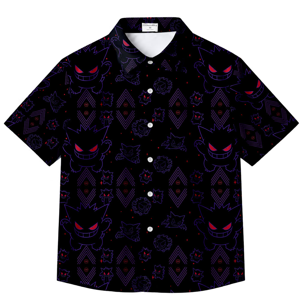 Gengar Haunter Gastly Ghost Pokémon Pattern Short Sleeve Button-Up Shirt