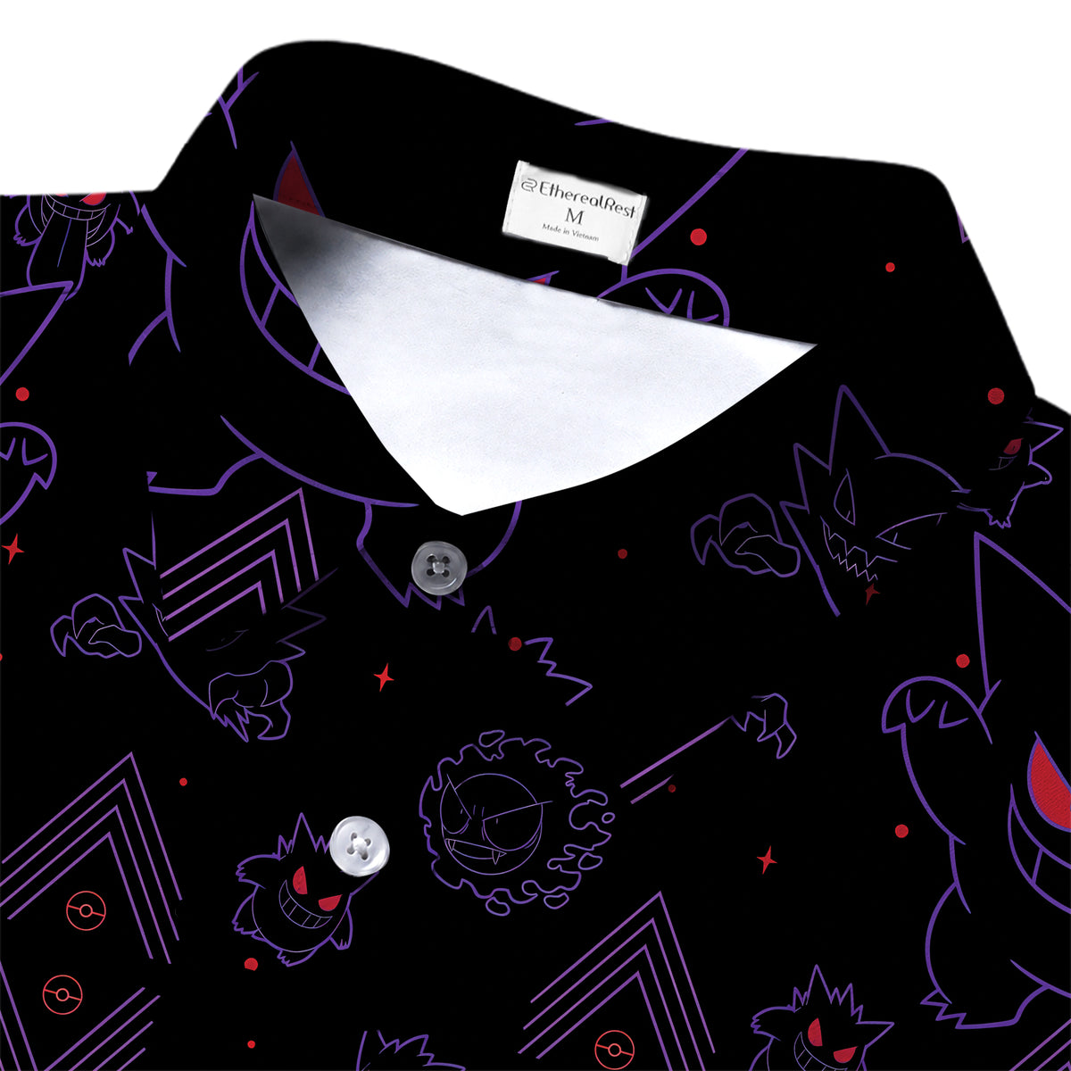 Gengar Haunter Gastly Ghost Pokémon Pattern Short Sleeve Button-Up Shirt
