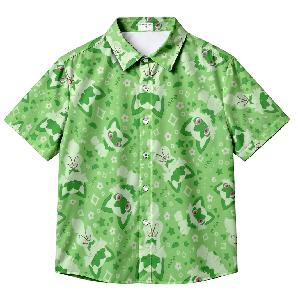 Pokemon Sprigatito Cute Character Pattern Short Sleeve Button-Up Shirt