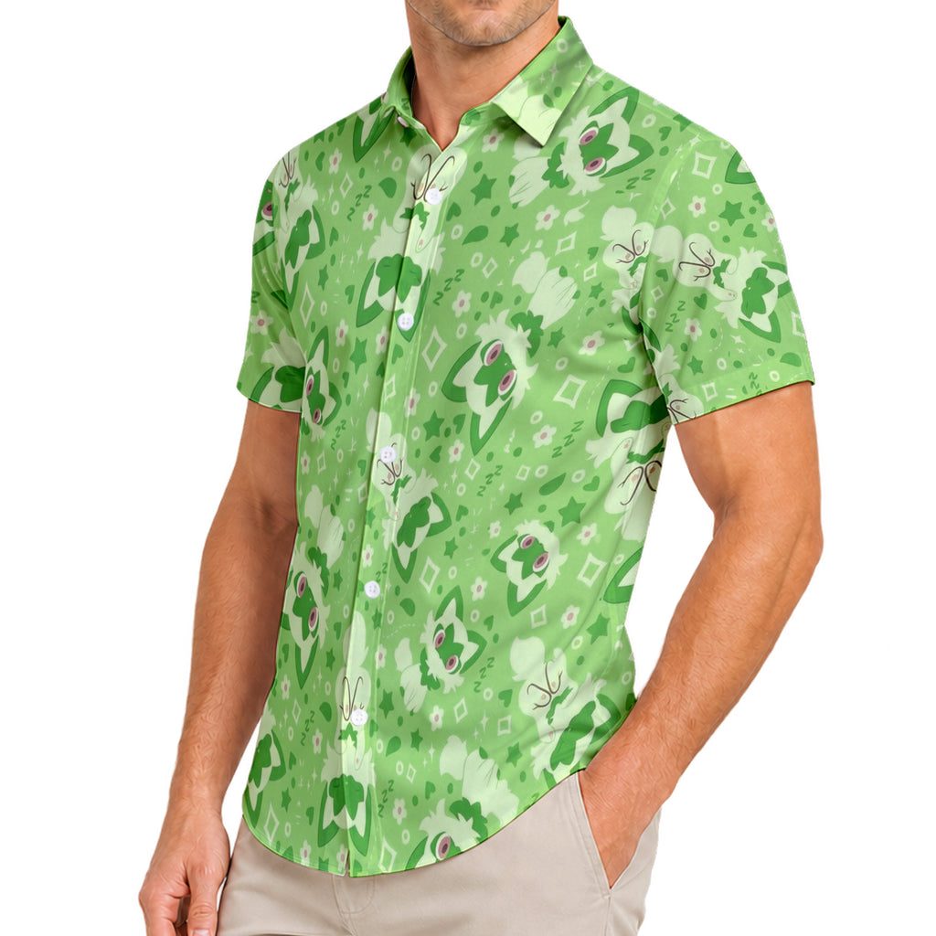 Pokemon Sprigatito Cute Character Pattern Short Sleeve Button-Up Shirt