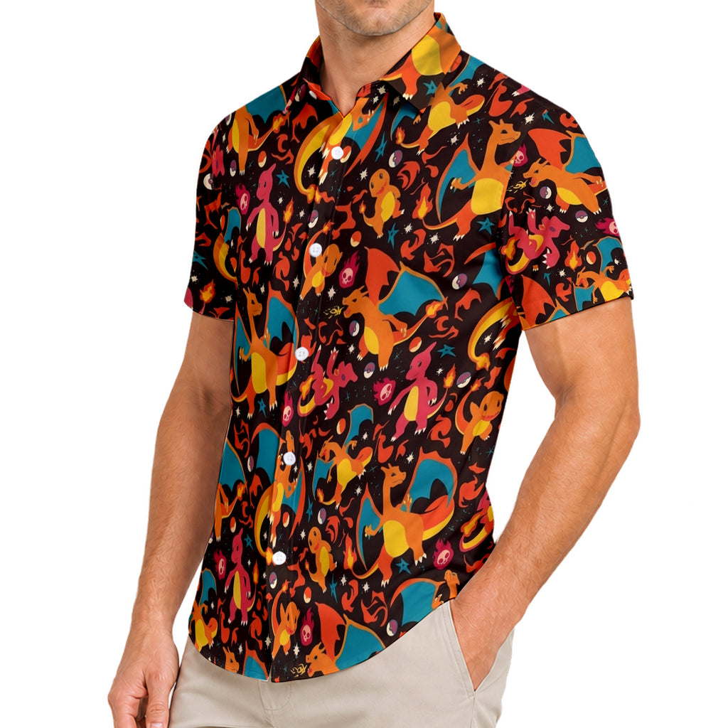 Pokemon Charmander Charmeleon Charizard Fire Pattern Short Sleeve Button-Up Shirt