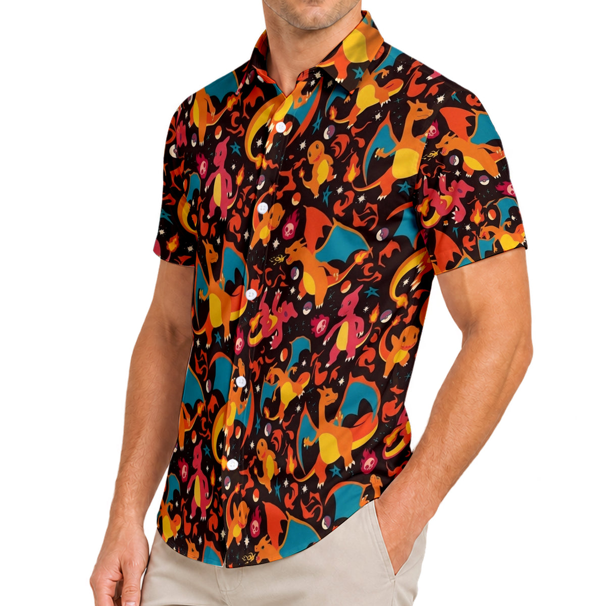 Pokemon Charmander Charmeleon Charizard Fire Pattern Short Sleeve Button-Up Shirt