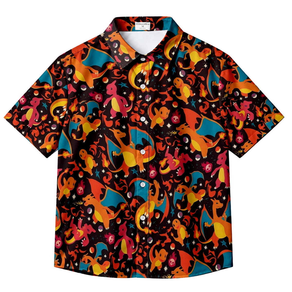 Pokemon Charmander Charmeleon Charizard Fire Pattern Short Sleeve Button-Up Shirt