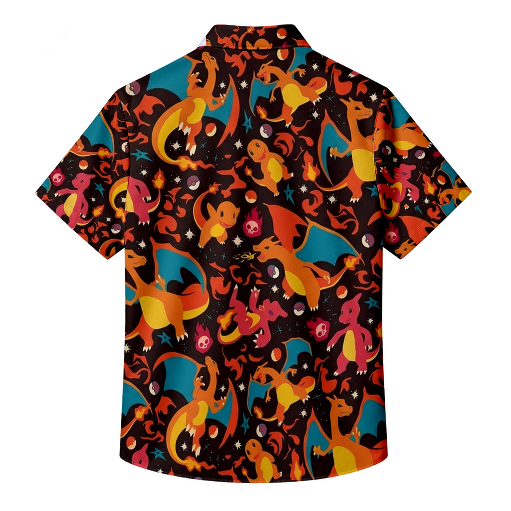 Pokemon Charmander Charmeleon Charizard Fire Pattern Short Sleeve Button-Up Shirt