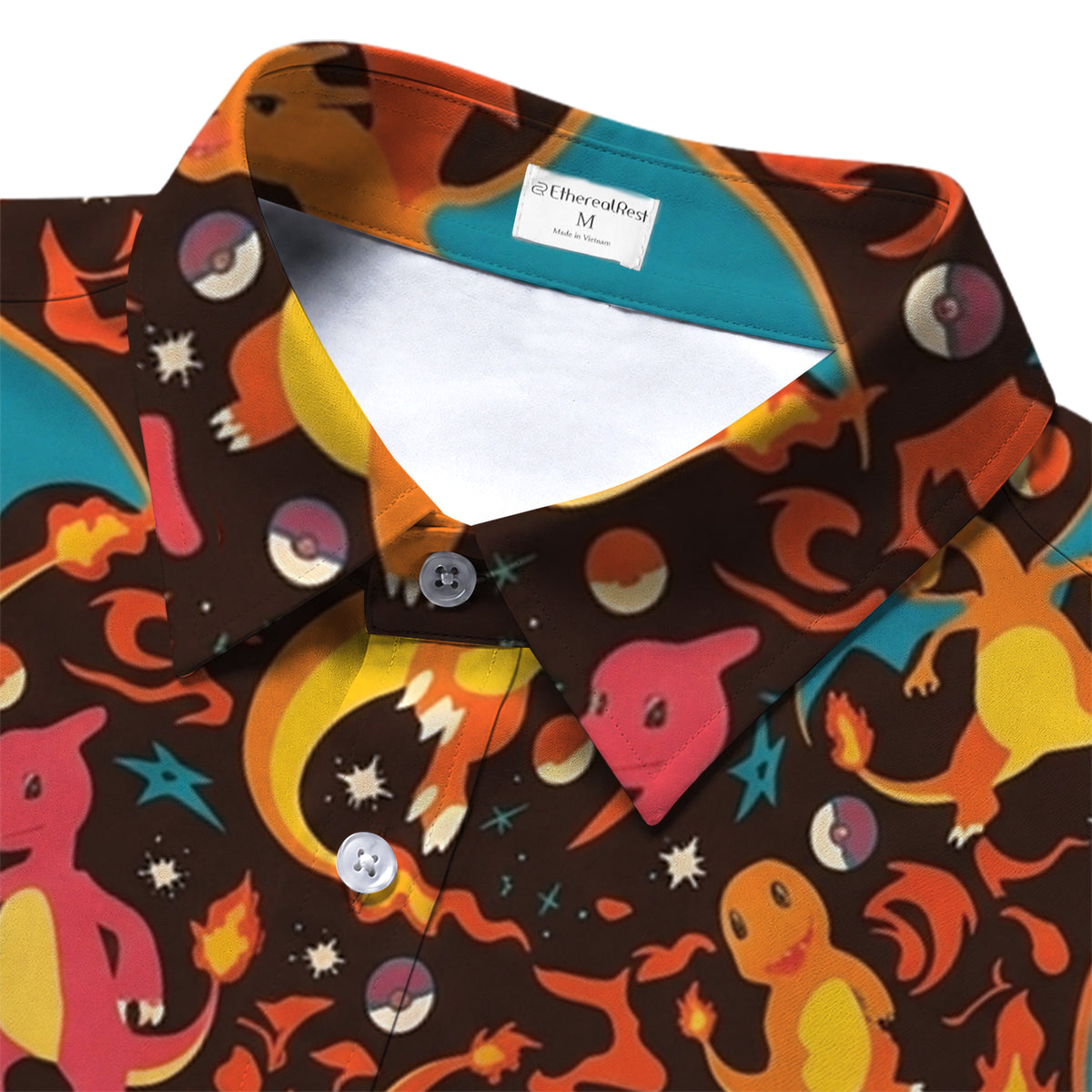 Pokemon Charmander Charmeleon Charizard Fire Pattern Short Sleeve Button-Up Shirt