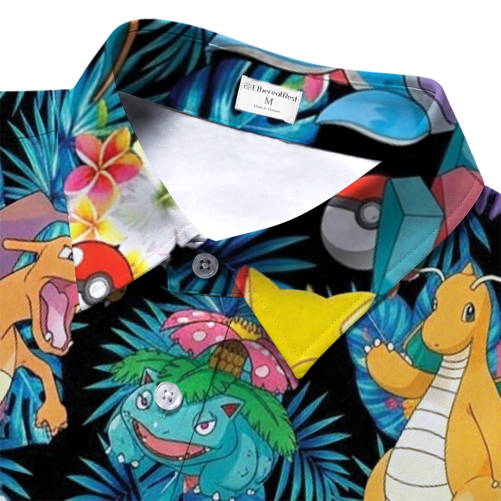 Pokemon Charizard Dragonite Pikachu Tropical Floral Pattern Short Sleeve Button-Up Shirt