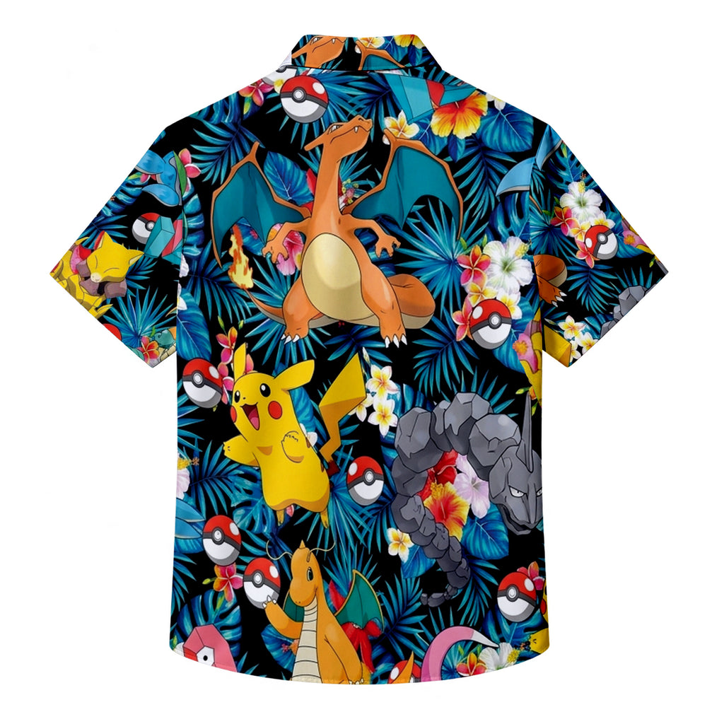 Pokemon Charizard Dragonite Pikachu Tropical Floral Pattern Short Sleeve Button-Up Shirt