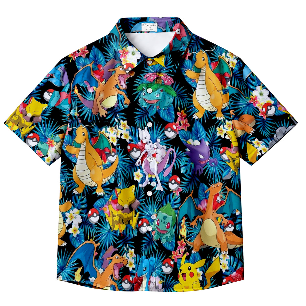 Pokemon Charizard Dragonite Pikachu Tropical Floral Pattern Short Sleeve Button-Up Shirt