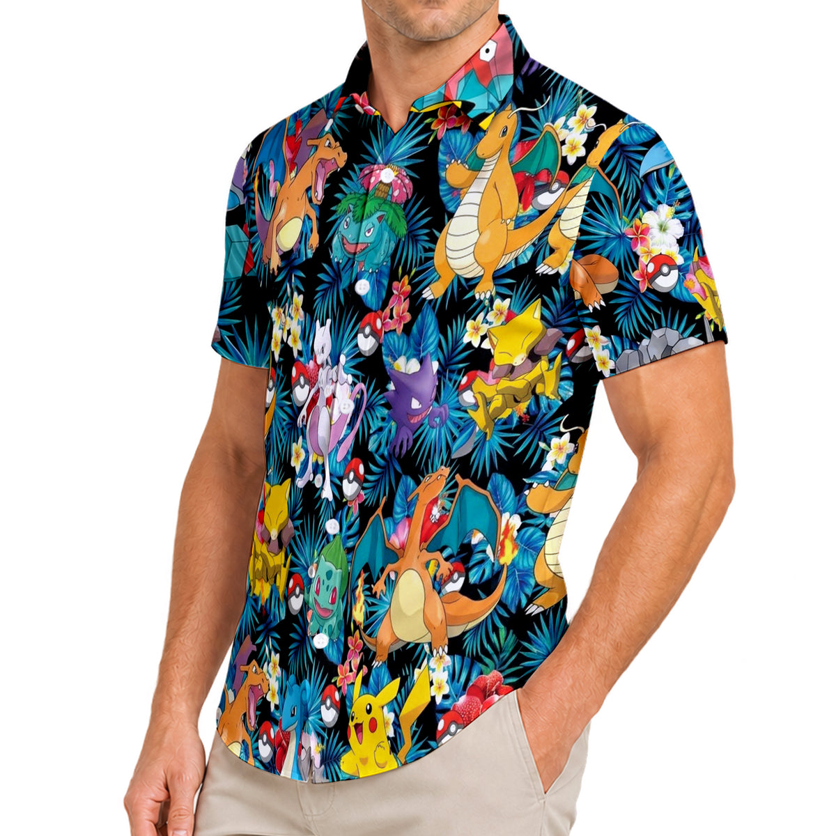 Pokemon Charizard Dragonite Pikachu Tropical Floral Pattern Short Sleeve Button-Up Shirt