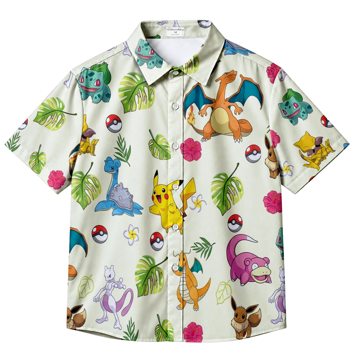 Pokemon Pikachu Charizard Eevee Tropical Floral Character Pattern Short Sleeve Button-Up Shirt