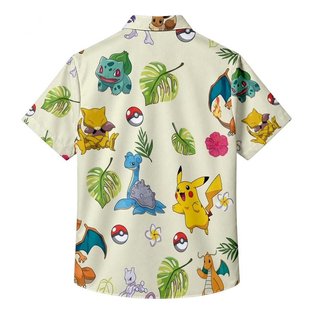 Pokemon Pikachu Charizard Eevee Tropical Floral Character Pattern Short Sleeve Button-Up Shirt