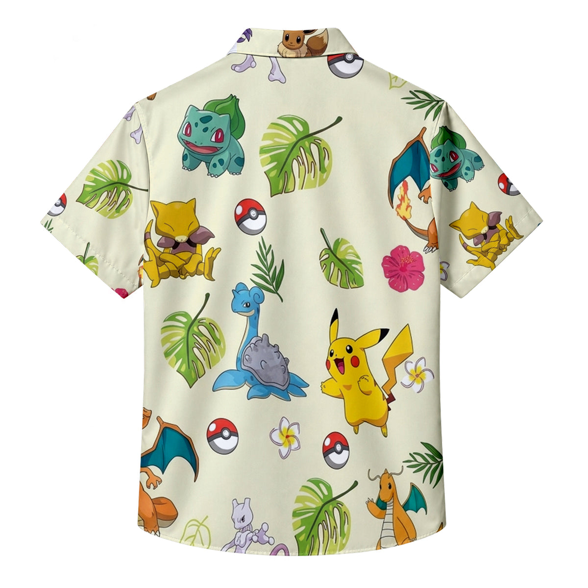 Pokemon Pikachu Charizard Eevee Tropical Floral Character Pattern Short Sleeve Button-Up Shirt
