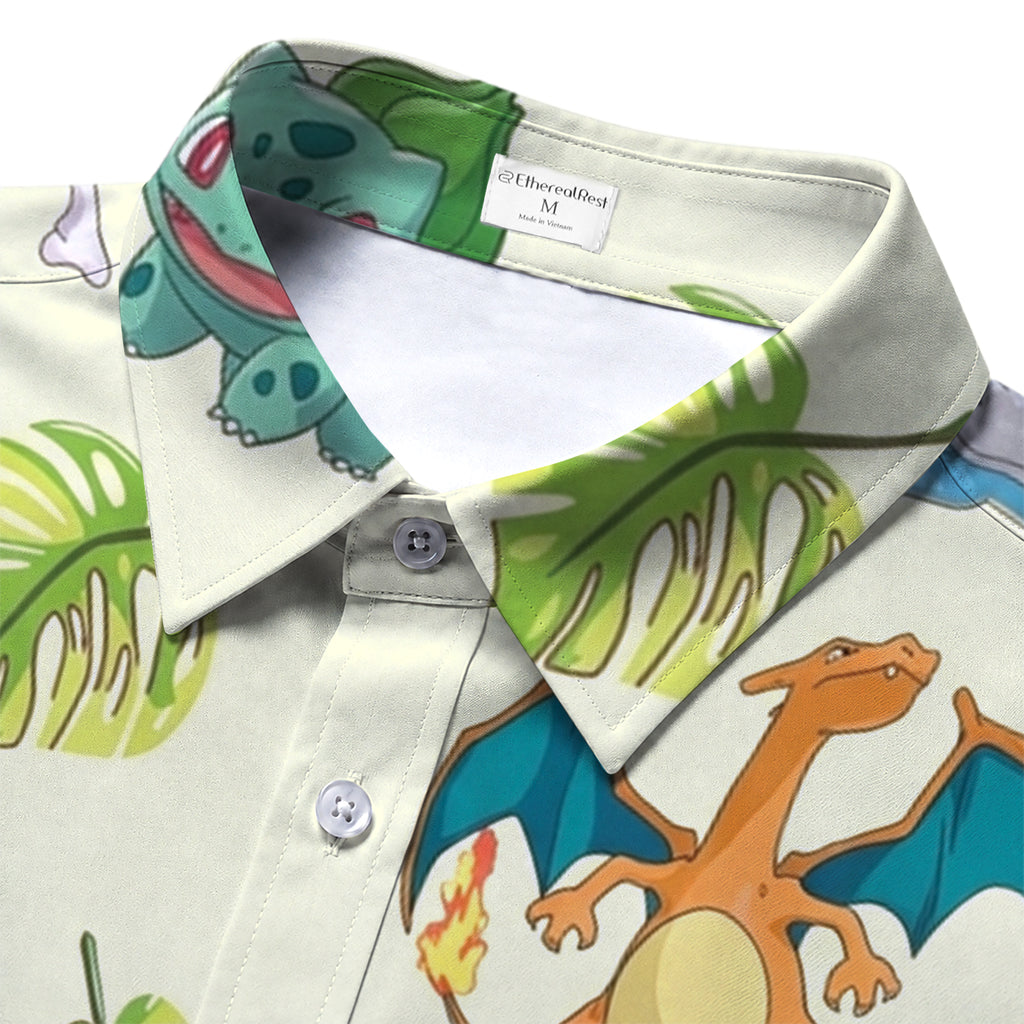 Pokemon Pikachu Charizard Eevee Tropical Floral Character Pattern Short Sleeve Button-Up Shirt