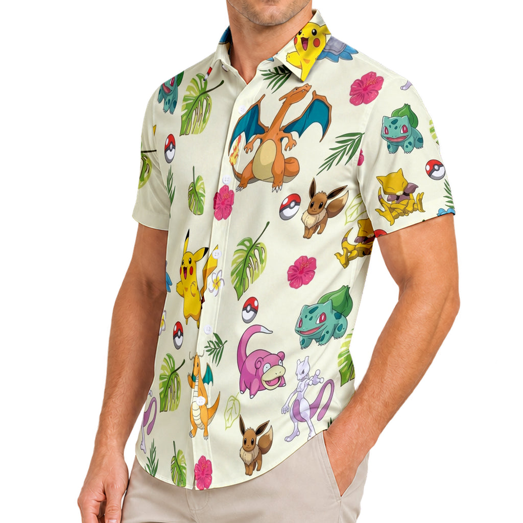 Pokemon Pikachu Charizard Eevee Tropical Floral Character Pattern Short Sleeve Button-Up Shirt