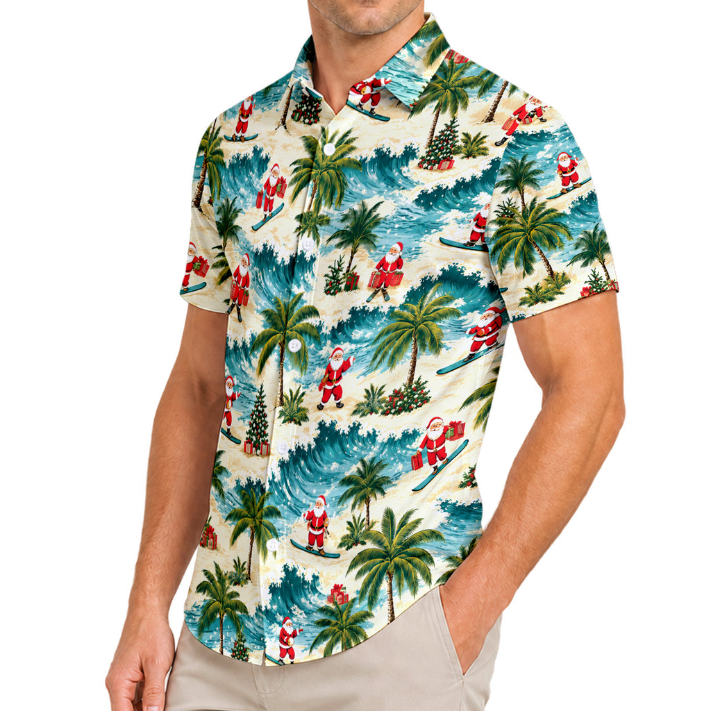 Santa Claus Surfing Christmas Tropical Beach Pattern Short Sleeve Button-Up Shirt