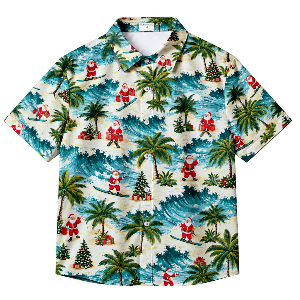 Santa Claus Surfing Christmas Tropical Beach Pattern Short Sleeve Button-Up Shirt