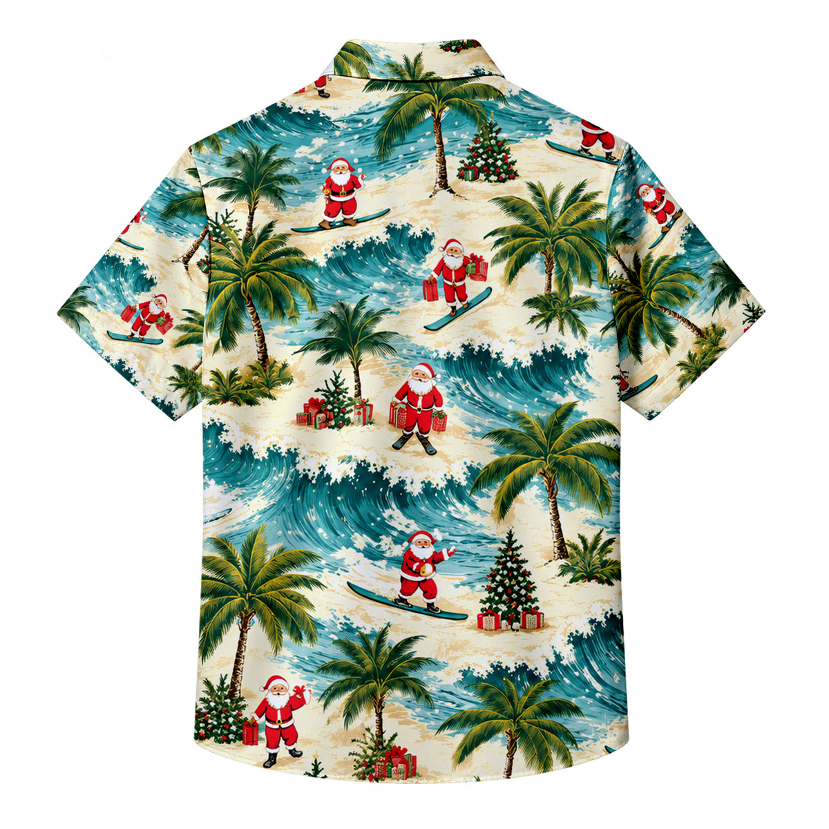 Santa Claus Surfing Christmas Tropical Beach Pattern Short Sleeve Button-Up Shirt