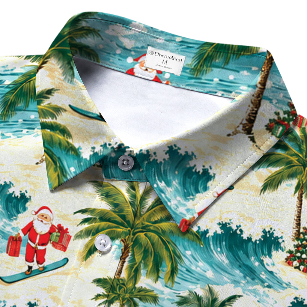 Santa Claus Surfing Christmas Tropical Beach Pattern Short Sleeve Button-Up Shirt