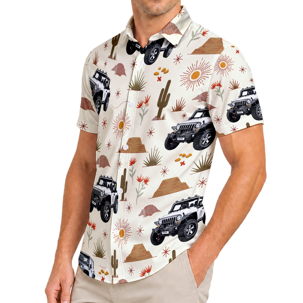 Jeep Off-Road Desert Cactus Southwest Pattern Short Sleeve Button-Up Shirt