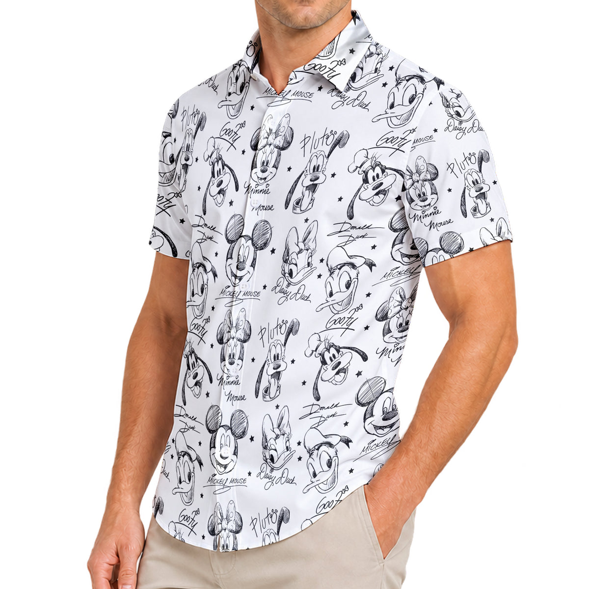 Disney Mickey Mouse Minnie Donald Duck Goofy Sketch Pattern Short Sleeve Button-Up Shirt