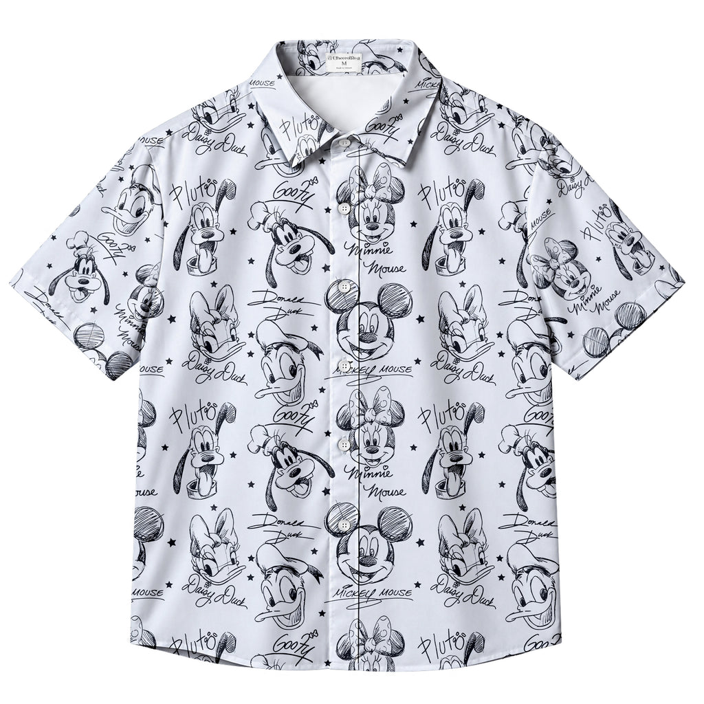 Disney Mickey Mouse Minnie Donald Duck Goofy Sketch Pattern Short Sleeve Button-Up Shirt