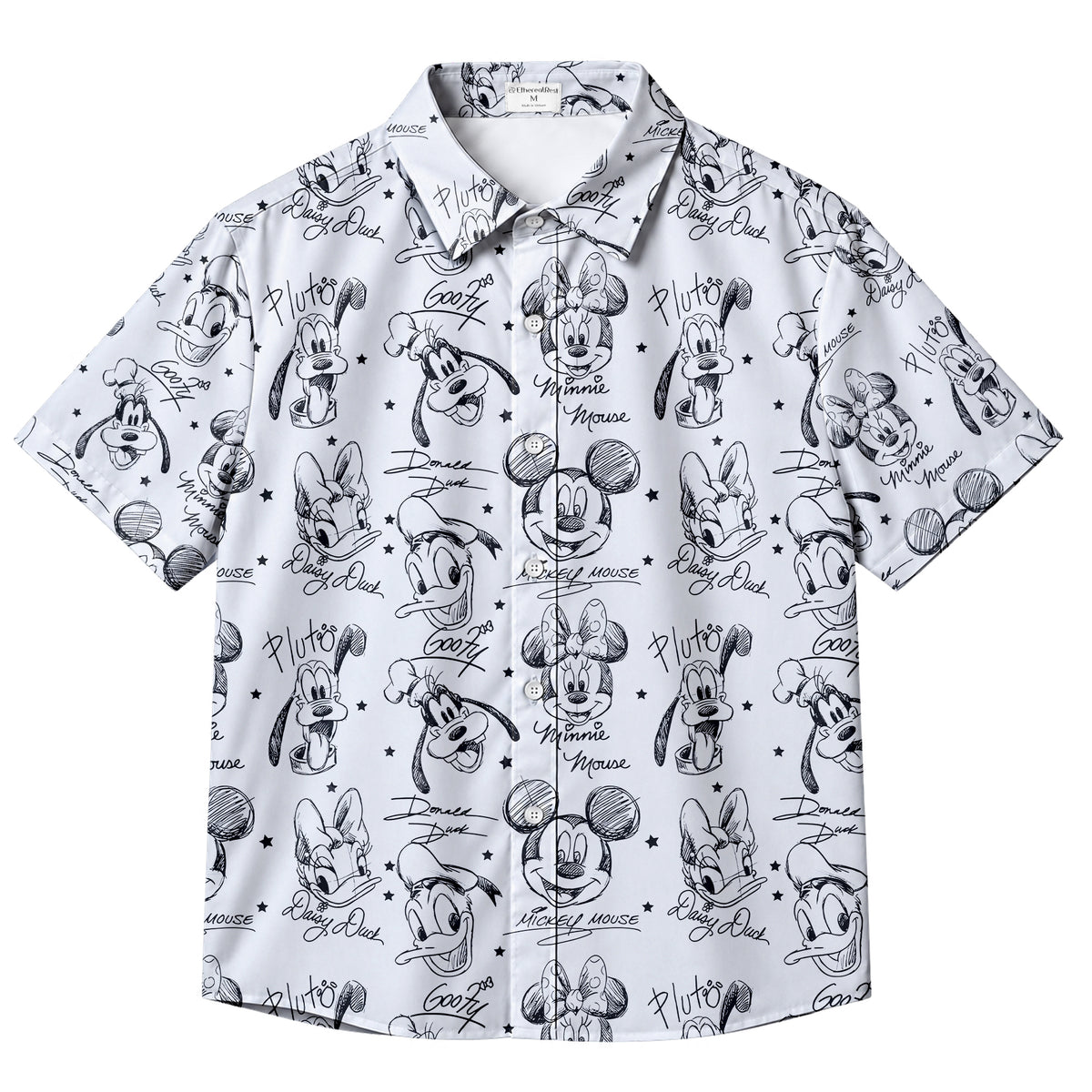 Disney Mickey Mouse Minnie Donald Duck Goofy Sketch Pattern Short Sleeve Button-Up Shirt