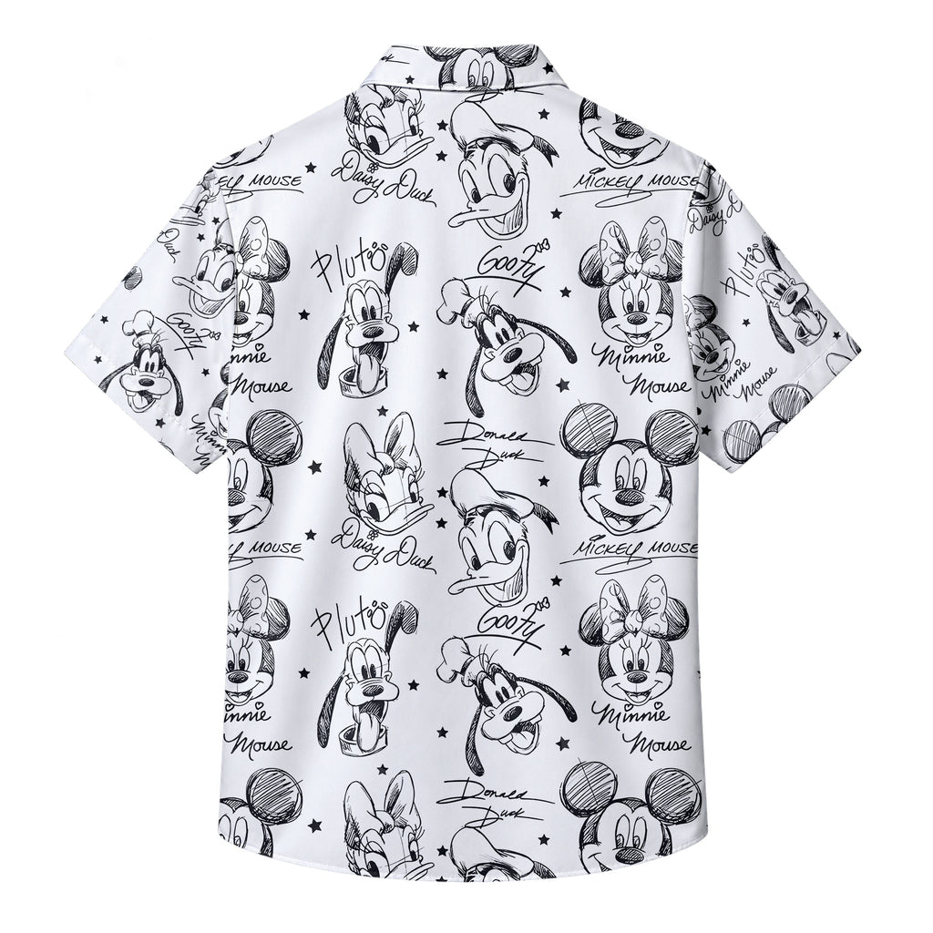 Disney Mickey Mouse Minnie Donald Duck Goofy Sketch Pattern Short Sleeve Button-Up Shirt
