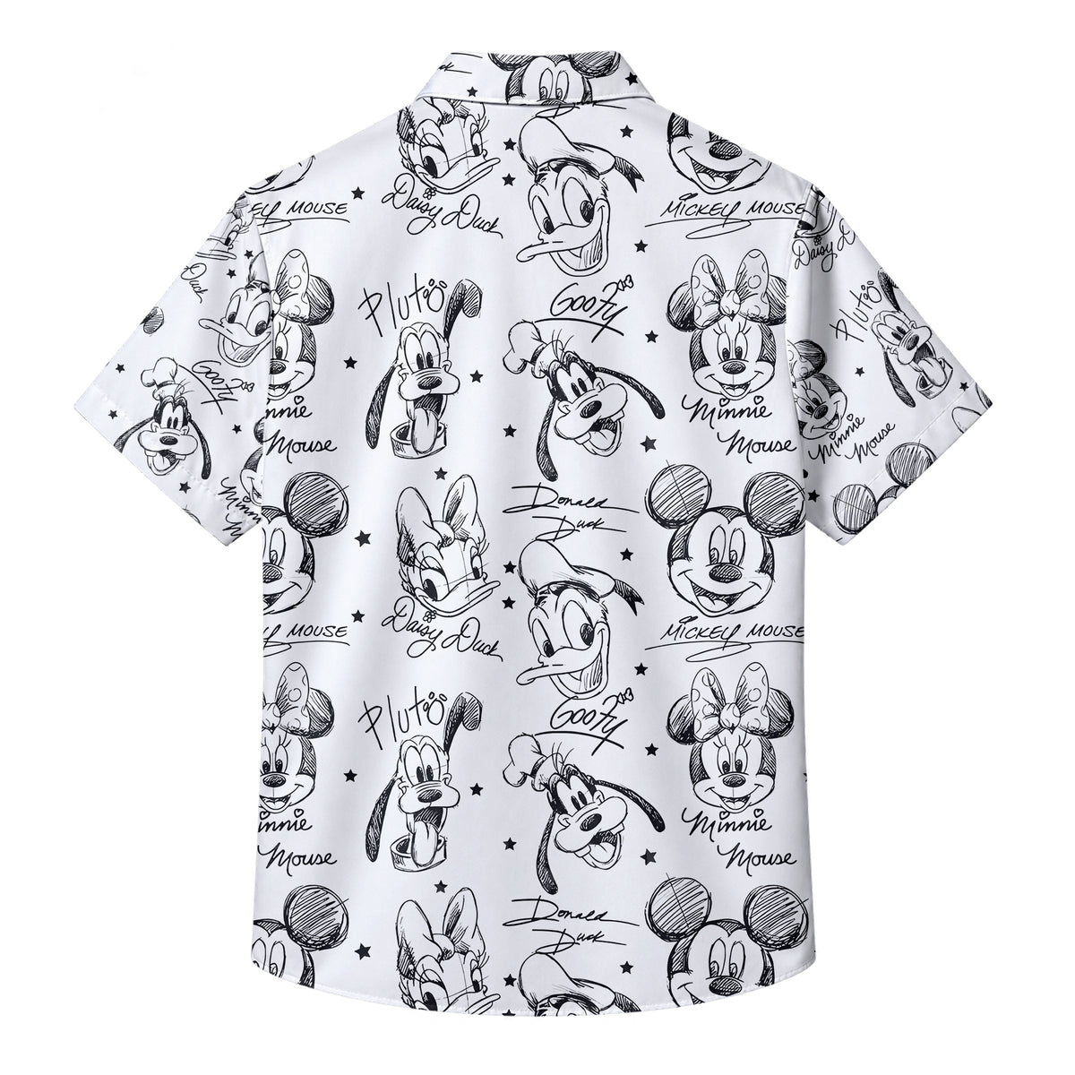 Disney Mickey Mouse Minnie Donald Duck Goofy Sketch Pattern Short Sleeve Button-Up Shirt