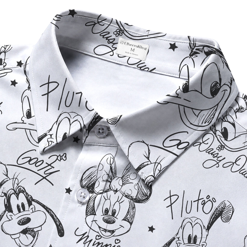 Disney Mickey Mouse Minnie Donald Duck Goofy Sketch Pattern Short Sleeve Button-Up Shirt