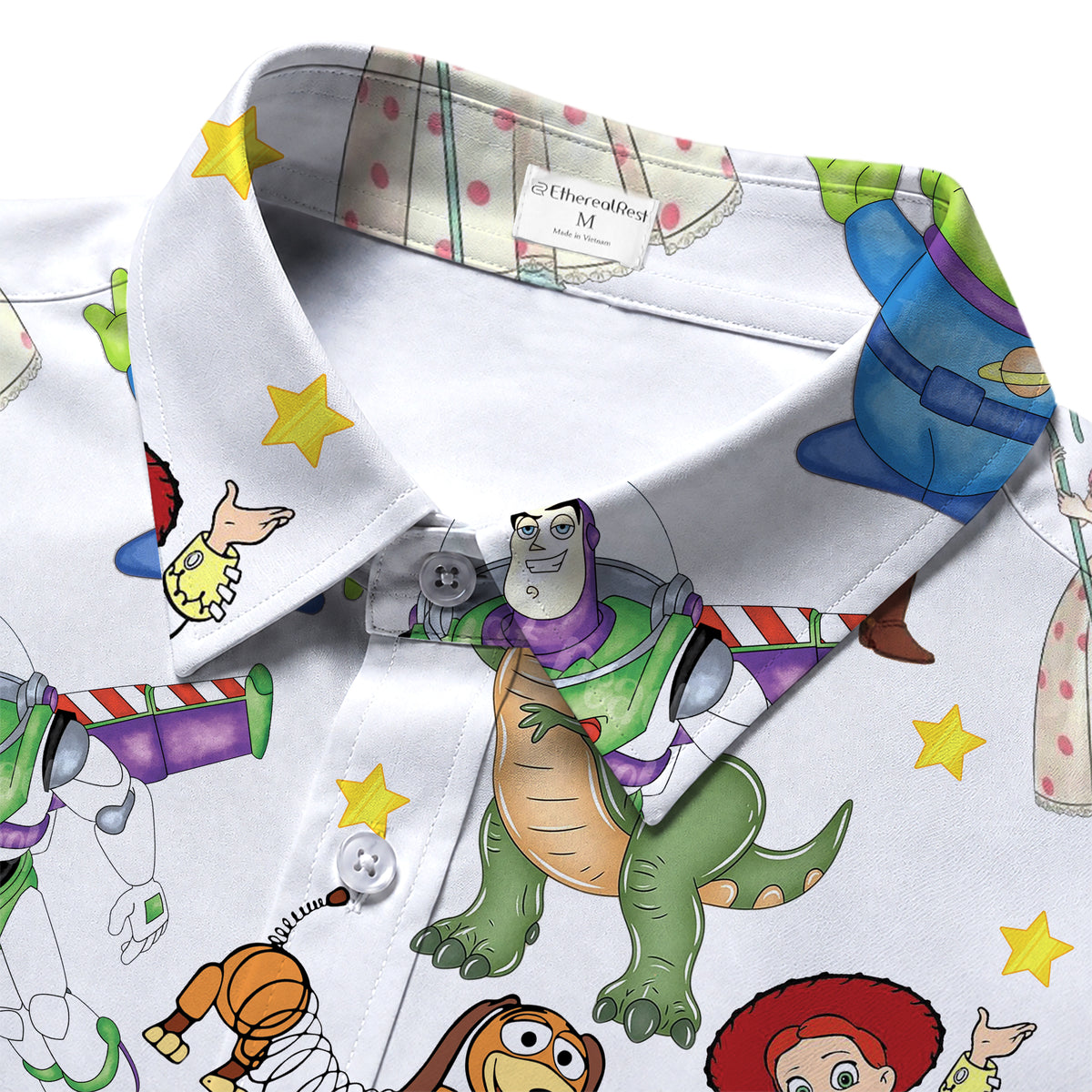 Disney Pixar Toy Story Woody Buzz Jessie Character Pattern Short Sleeve Button-Up Shirt