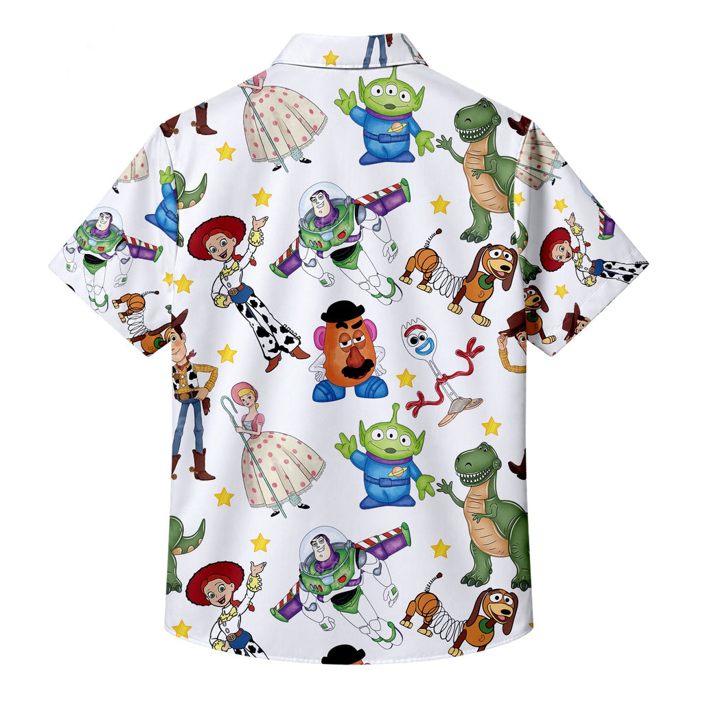 Disney Pixar Toy Story Woody Buzz Jessie Character Pattern Short Sleeve Button-Up Shirt